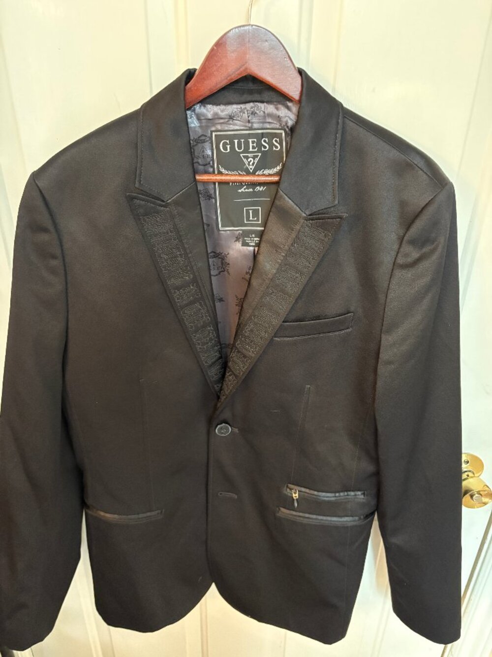 Guess Men’s Black Slim Fit Blazer Jacket Tonal Embroidered Angel Wings Back